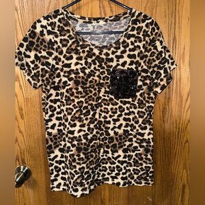 Leopard Print Short Sleeve Tee with Sequin Pocket - Brown/Black